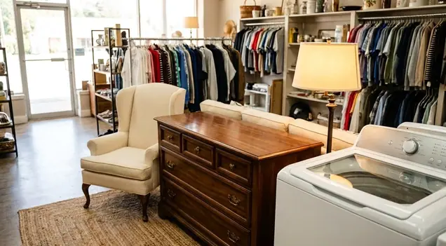 A wooden dresser, armchair and washer on a thrift store floor
