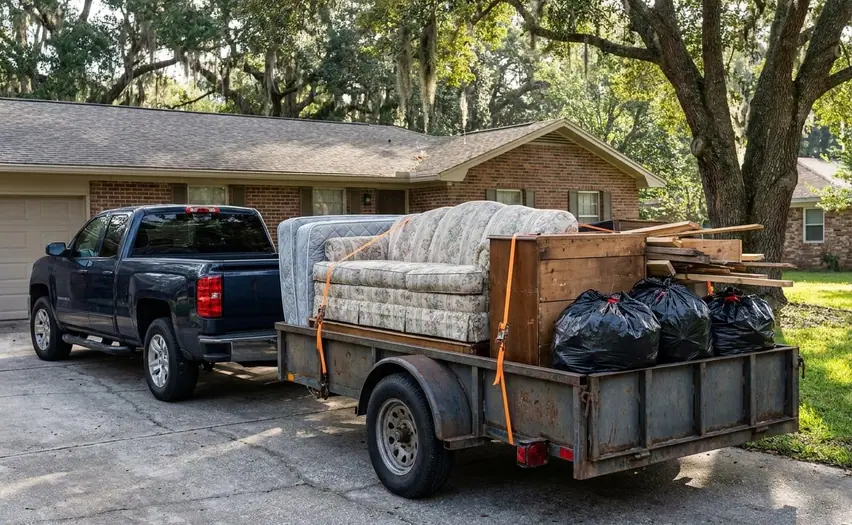 A utility trailer loaded with an old sofa, a dresser, a mattress and bagged debris (illustration)