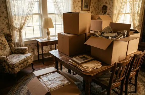 An older dining room with boxes of wrapped dishes and linens on the table