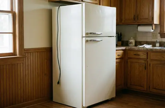 An older top-freezer refrigerator pulled out from the wall in an oak-cabinet kitchen