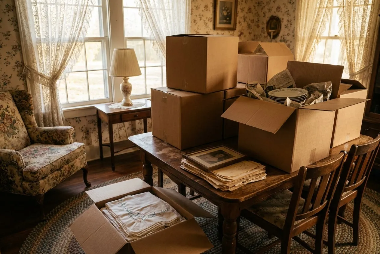 Plain cardboard boxes on an old dining table holding wrapped dishes and folded linens, with a floral armchair by a lace-curtained window